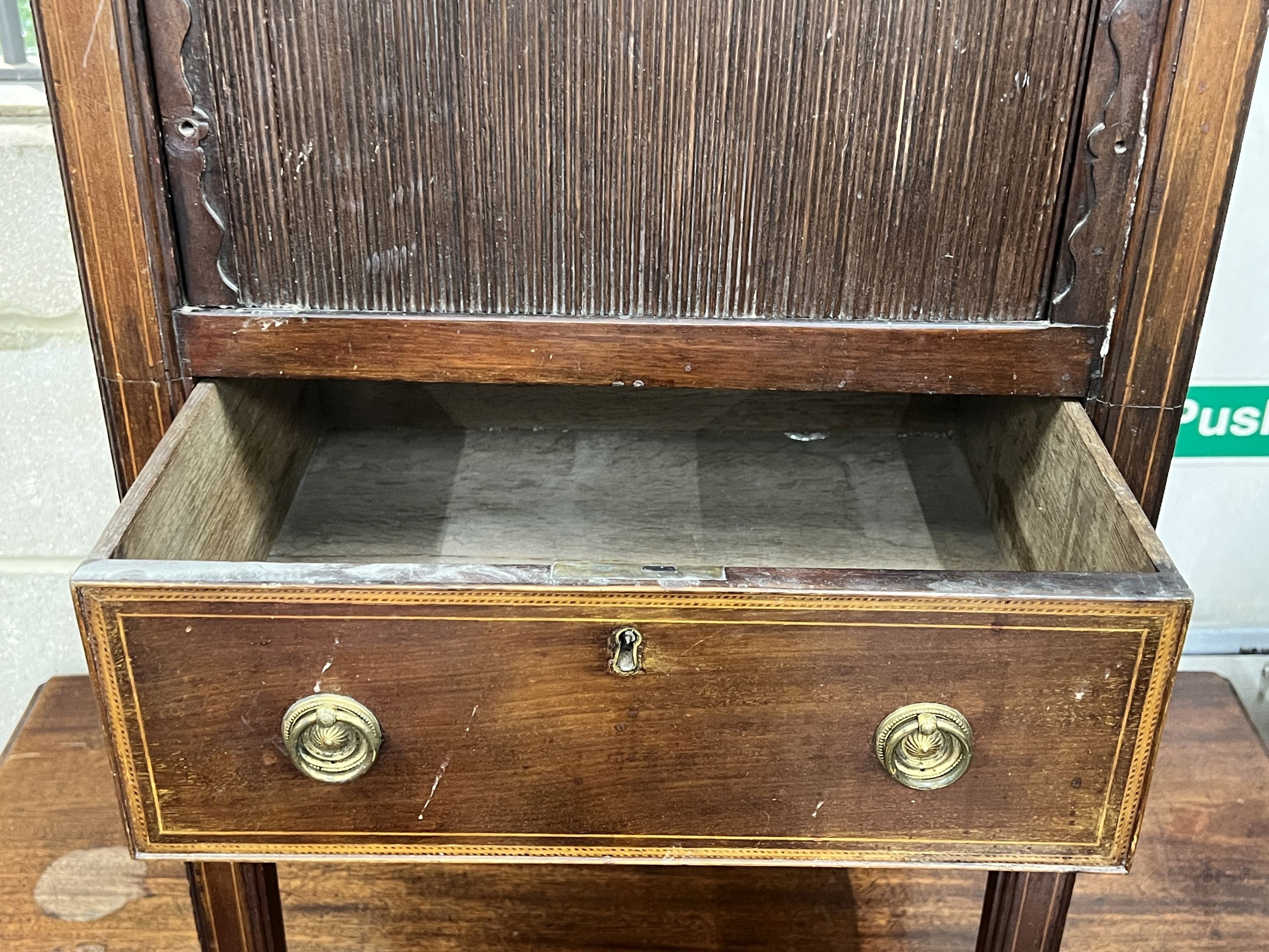 A George III mahogany tray top tambour bedside cabinet, width 51cm, depth 43cm, height 80cm
